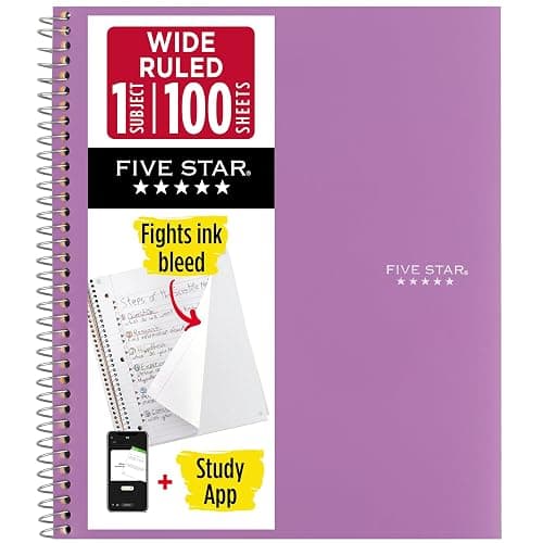 Five Star Spiral Notebook + Study App, 1 Subject, Wide Ruled Paper, 8" x 10-1/2", 100 Sheets, Fights Ink Bleed, Water Resistant Cover, Amethyst Purple (72351) - Image 1