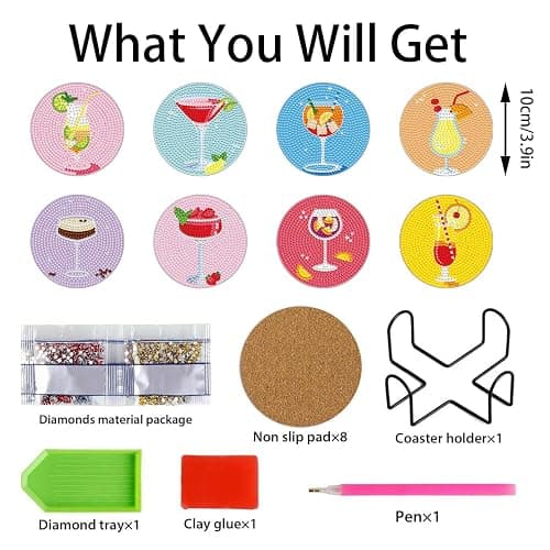 8 PCS Cocktail Diamond Art Coasters Kits, Diamond Painting Coasters with Holder Set of 8, DIY Drink Coasters Art Crafts Supplies for Adults Cup Mat for Home Decor House Warming Gifts Non-Slip 3.9inch thumbnail 5