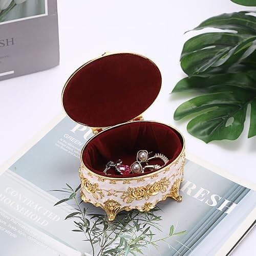 Hipiwe Vintage Metal Jewelry Box - Oval Trinket Organizer Ring Box Case with Rose Pattern Jewelry Storage Box for Ring Earrings Necklace, Gift for Women thumbnail 4