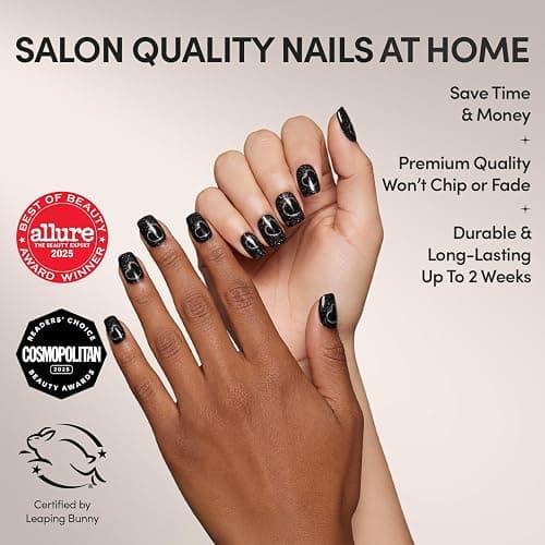 Glamnetic Press On Nails - Short Squoval, Glossy Fake Nails 30 Pc Full Kit | Everyday Black press on nails in 15 sizes. Glossy glue-on set. Waterproof, chip-resistant, up to 2 weeks wear thumbnail 2