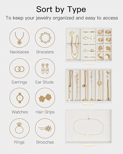 VLANDO Jewelry Box for Women, Glass Lid Jewelry Organizer with 3 Drawers for Necklaces Rings Earrings Bracelets Mother Day Gift for Mom - Cloud White thumbnail 5