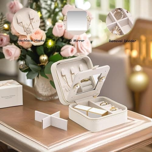 Vlando Small Travel Jewelry Box Organizer - Mirrored Carry-on Jewelries Necklaces Rings Earrings Necklace Storage Case, Beige thumbnail 2