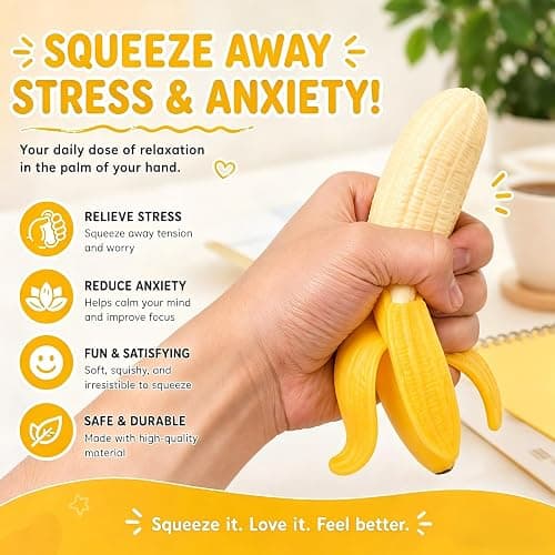 2Pcs Squishies Banana Stress Balls Squeeze Toys, Banana Squishies for Stress Relief Stres, Simulation Bananas Fruit Fidget Toys, Suitable for Halloween, Birthday Gifts, Suitable Ages 18 Up thumbnail 5