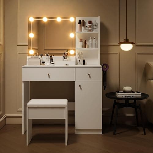 Yegosh Vanity Desk with Mirror and Lights Dimmable LED Makeup Table with Drawers Side Cabinet 3 Storage Shelves Power Outlet Dressing Table Set Include Holder Cushioned Stool for Bedroom(White) - 35.4 Inch+white thumbnail 3