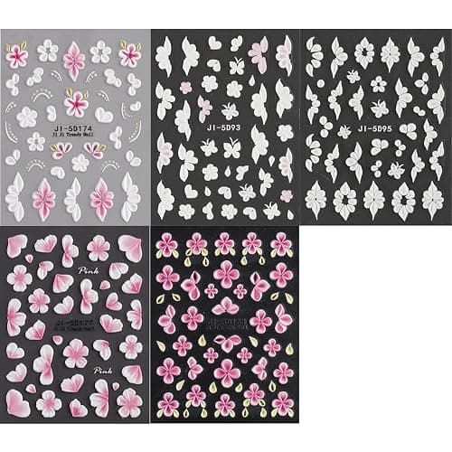 Fspronail 5D Embossed Flowers Nail Stickers 5PCS Pink White Floral Decals | Self-adhesive Cherry Blossom Butterfly Nail Decals French Tips Design Floral Petals Sticker for Nail Art Women DIY Manicure thumbnail 3