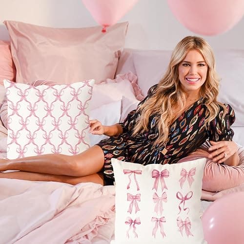 Lebsitey 4Pcs 18×18 Cherry Pillow Covers, Pink Bow Pillow Covers, Girls Room Decorative Pink Pillow Cover for Home Bedroom Living Room Decor Valentine's Day Gift thumbnail 7