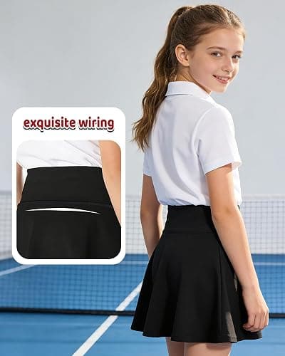 KAKU NANAU Girls‘ Black High-Waisted Skort Tennis Skirt 7-14 Years,Elasticated Quick Dry Sport School Skirt with Built-in Shorts Summer(No Pockets) thumbnail 3