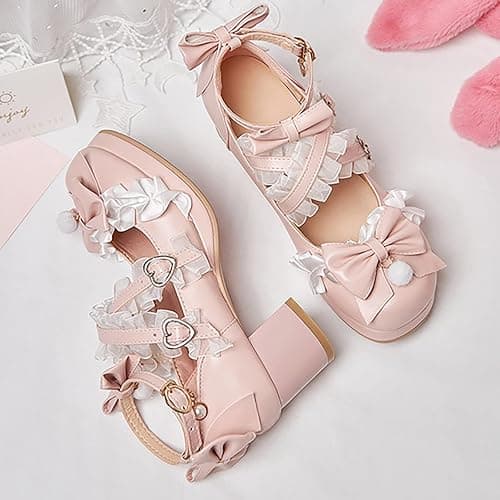 Girls Kawaii Mary Jane Dress Shoes Kids Bow Pearl Lace Chunky Heel Pumps Princess Cute Sweet Ankle Strap Single Shoes thumbnail 4