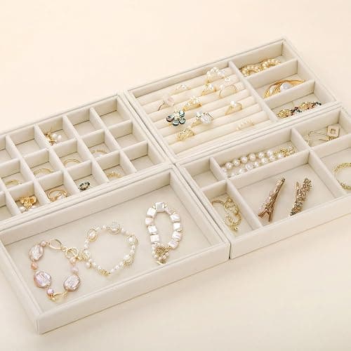 Elsjoy 8 Pack Velvet Jewelry Trays, Stackable Jewelry Organizer Trays for Drawers, Beige Jewelry Storage and Display Tray Inserts for Necklaces, Rings, Earrings thumbnail 5