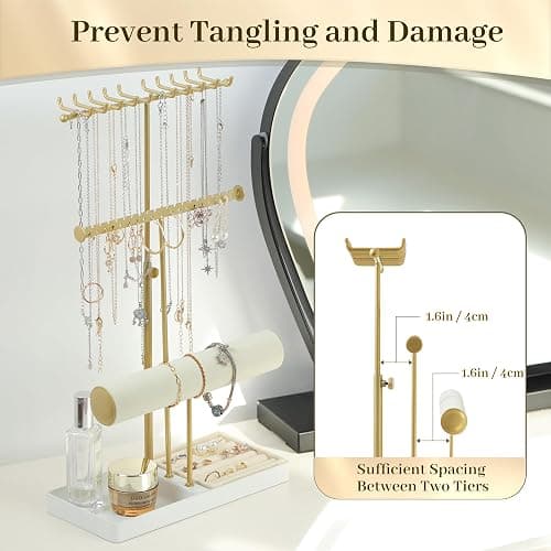 3-Tier Adjustable Jewelry Holder Organizer Stand with 20 Necklace Hooks, 18 Earring Holes and Notches, Bracelet Holder, 6 Ring Rolls, Jewelry Tray for Girls, Women thumbnail 6