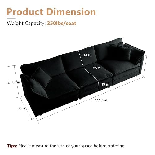mikibama Luxury Modular Sectional Sofa, 111.5" Modern Chenille Comfy Cloud Couches for Living Room Office, 3 Seater Deep Sofa with 2 Armrest Pillows and 3 Toss Pillows, Black thumbnail 2