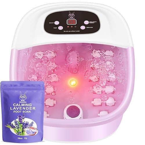 MoodRelish Foot Spa Bath Massager with Heat Bubbles and Vibration Massage and Jets, 16 OZ Calming Lavender Foot Soak Epsom Salt, Foot Soaker with Red Light, 22 Massage Rollers, Adjustable Temp - Pink - Image 1