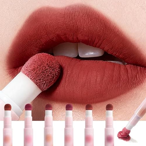 MooGlamor 6 Pcs Red Matte Lip Gloss Stick Set with Delicate Unique Sponge Lip Brush and Smooth Velvet Lipsticks for Women Lip and Blush thumbnail 2