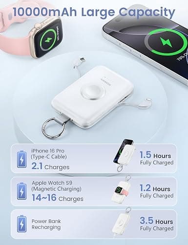 RORRY Portable Charger, 10000mAh PD 20W Fast Charging Portable Charger Power Bank with Built in Cables, Travel Battery Pack for iPhone 17/16/15/14/13/12 and Apple Watch Ultra/11/10/9/8/7/6/5, White thumbnail 5