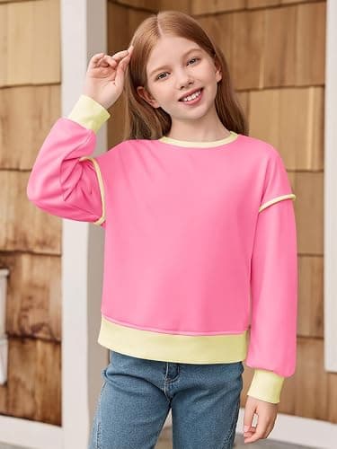 Haloumoning Girls Casual Crewneck Sweatshirts Long Sleeve Color Block Loose Fit Fall Cute Pullover Tops 5-14 Years thumbnail 4