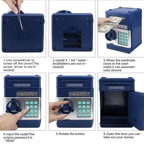 HUSAN Great Gift Toy for Kids Code Electronic Piggy Banks Mini ATM Electronic Coin Bank Box for Children Password Lock case (Grey Blue) thumbnail 5