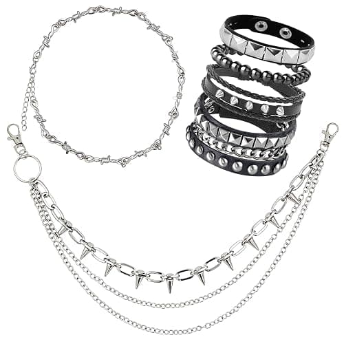 Longbitzen 6PCS Punk Style Jewelry Set with 1 Necklace, 4 Leather Studded Bracelets, 1 Pants Chain for Men Women, Gothic Rocker Grunge Accessories, 80s 90s Outfits - Image 1