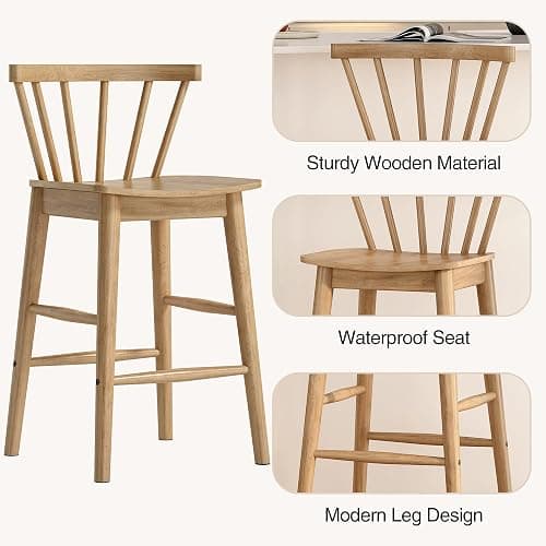 HoeuThien Wood Bar Stools Set of 3, 24" Wooden Counter Height Barstools, Modern Armless Farmhouse Bar Dining Chairs with Back & Footrest for Kitchen Island Pub Light Brown - Light Brown - 3 PCS thumbnail 4