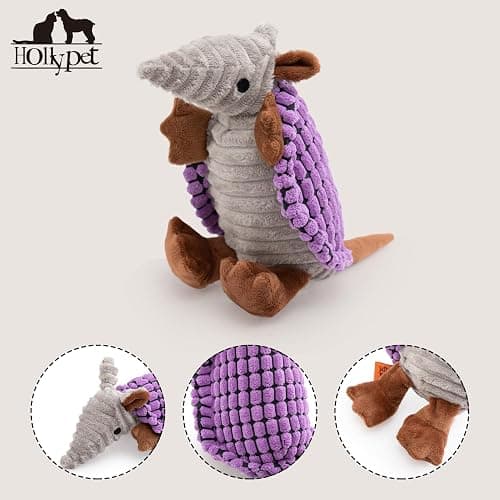 Hollypet Plush Dog Squeaky Toy Stuffed Armadillo Animal Pet Puppy Chew Toys with Clean Teeth for Small Medium Large All Breed Sizes Dogs, Purple, 8 in thumbnail 3