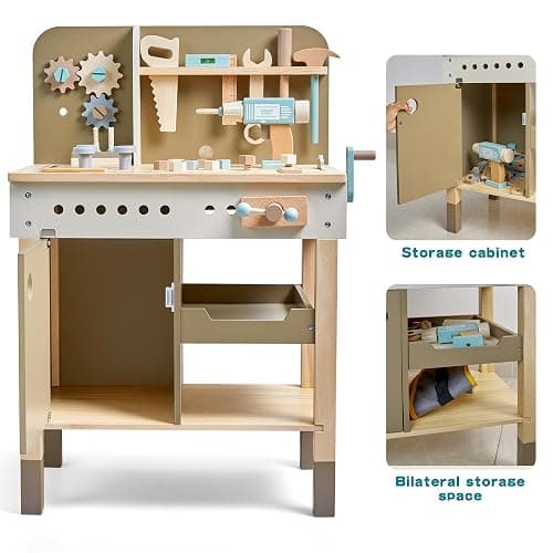 Kids Tool Set,Wooden Tools Bench with Apron Toddler Toy Workbench with Realistic Tools Electric Drill STEM Construction Toy Gifts for Age 3-9 Boys Girls thumbnail 6