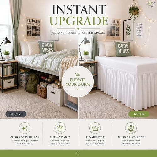 Cottington Lane Twin XL Dorm Bed Skirt 32 Inch Drop, Extended Ruffled College Dorm Bed Skirt, Wrap Around Dust Ruffle, Premium Brushed Microfiber Extra Long Bed Skirt for Twin XL Dorm Beds, White thumbnail 3