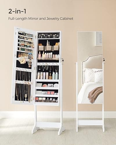 SONGMICS Jewelry Cabinet Armoire, Freestanding Lockable Storage Organizer Unit with 2 Plastic Cosmetic Storage, Full-Length Frameless Mirror, for Necklace Earring, White UJJC002W01 thumbnail 4