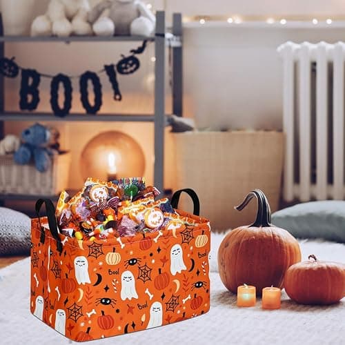 DUYIY Rectangle Pumpkin Ghost Pattern Gift Storage Basket Home Shelf Storage Basket Organizer Box Clothes Laundry Hamper Nursery Basket Laundry Basket with Handles thumbnail 2