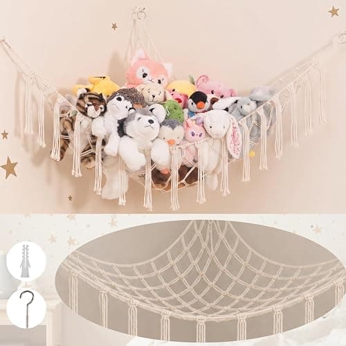 Large Macrame Stuffed Animal Storage Hammock | Holds 12 lbs | Corner Stuffed Animal Organizer | Plushie Net for Stuffed Animals | Stuffy Storage, Cute Bedroom, Room Decor | White thumbnail 8