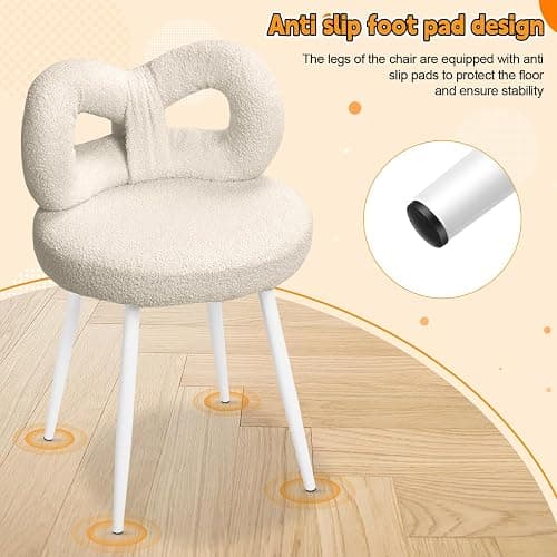 Slzyqnyy Small Vanity Chair with Bow Backrest – White Makeup Stool for Dressing Table, Armless Beauty Chair with Adjustable Foot Pads, Bedroom for Women Girls, Compact Makeup Stool (White) thumbnail 9