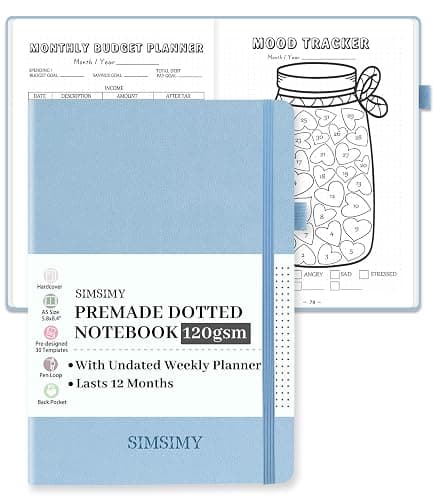 SIMSIMY Premade Dotted Journal Notebook with Bullet Templates, Pre-made Dot Grid Journaling with Undated Weekly & Monthly Planner, Various Trackers, Lasts 1 Year, A5 - Image 1