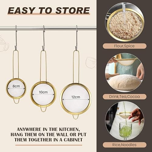 Norme 4 Quart Stainless Steel Gold Colander and 3 Pcs Gold Fine Mesh Strainer, Stainless Steel Pasta Rice Food Metal Strainer with Handles, Easy Clean and Dishwasher Safe thumbnail 4