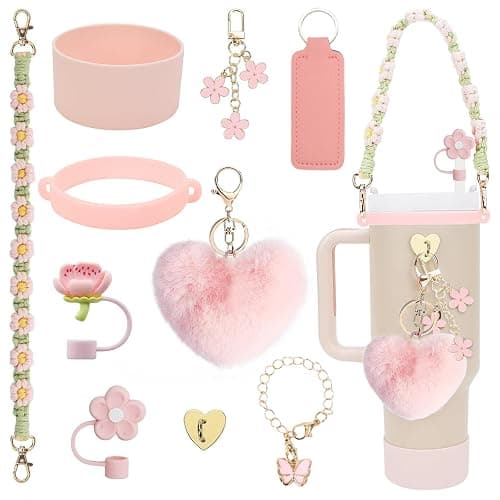 Stanley Cup Accessories Set, 10PCS Stanley Cup Decor Includes Stanley Straw Cover, Water Bottle Handle Strap, Silicone Stanley Cup Boot, Stanley Charms for Stanley Cup Tumbler, Light Pink - Image 1