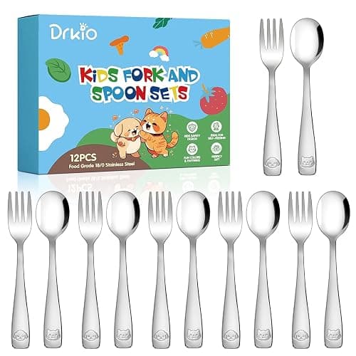 DRKIO Stainless Steel Toddler Utensils Set - 12 Pieces Kids Silverware Set Children Safe Food Grade Small Forks and Spoons Dishwasher Safe Mirror Polished - Image 1