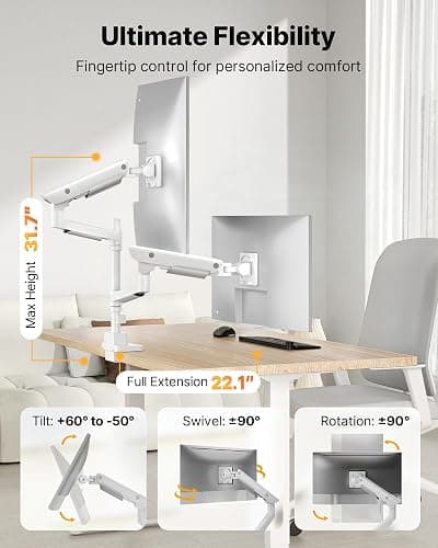 monTEK Sleek Aluminum Monitor Arm for 17–57” Ultrawide Screens up to 59 lbs, USB 3.0 A/C, Heavy Duty Dual Monitor Arm Desk Mount, Pneumatic Lift, Quick-Release Plate, Clamp/Grommet, max VESA 100x100 thumbnail 5