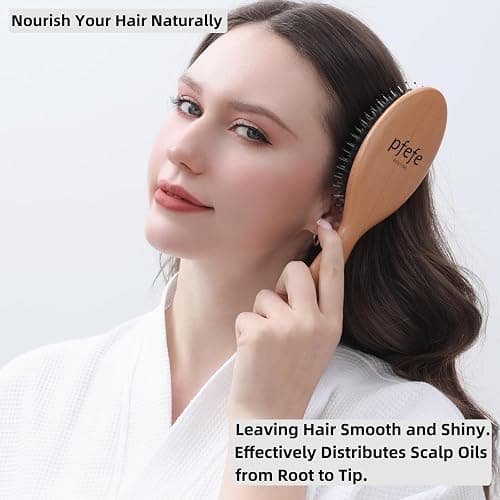 Boar Bristle Hair Brush - Natural Beechwood Detangling Brush for Men & Women, Soft Wooden Bristles Bursh with Travel Bag, Hairbrush for Long Short Thick Curly Wet Dry Hair thumbnail 4