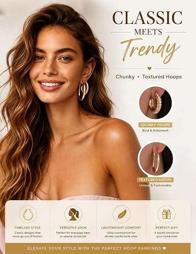 18 Pairs Gold Hoop Earrings for Women, Chunky Statement Hoops Set | Hypoallergenic, Earrings Pack, Open Hoops, Pearl, Twisted, Multiple Sizes, Lightweight for Daily Wear, Ideal Gift thumbnail 2