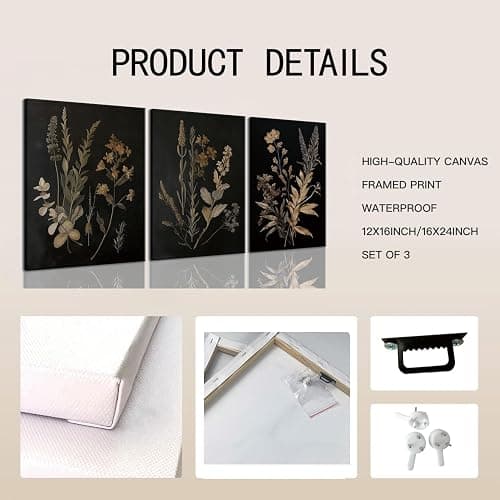 TUEASKY 3 Piece Moody Botanical Canvas Wall Art Vintage Floral Wall Art Boho Dark Flower Decor Black Wildflower Art Prints for Living Room Bedroom 12x16in Framed thumbnail 3