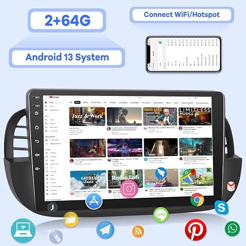 [2G+64G] Radio for Fiat 500 2007-2015, Android Fiat 500 Car Stereo with 9 inch Touch Screen, Wireless Carplay/Android Auto/1080P/Bluetooth/WiFi +AHD Backup Camera thumbnail 4