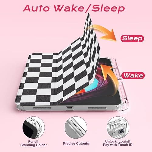 RONWTIMES Slim Case for iPad (A16) 11th Generation 11 Inch (2025), iPad 10th Generation 10.9 Inch (2022) with Pencil Holder, Shockproof Clear Hard Back Cover for Women Girls, Black Checkered thumbnail 4