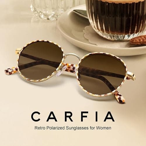 CARFIA Retro Round Polarized Sunglasses for Women UV Protection Acetate Arms Metal Frame Driving Glasses thumbnail 4