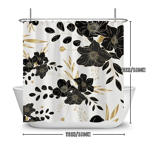 Yanutan Black Flower Shower Curtain, Black Dark Floral Gold Leaves Shower Curtain Set for Bathroom, Natural Plants Fabric Bath Curtain with Hooks, 72x72in thumbnail 2