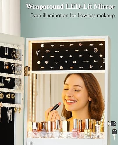 LUXFURNI LED Light Mirror Jewelry Cabinet Standing Jewelry Armoire, 60" Full Length Mirror with Storage, Built-in Makeup Mirror, 3 Adjustable Angles, Lockable Jewelry Mirror Organizer, White thumbnail 6