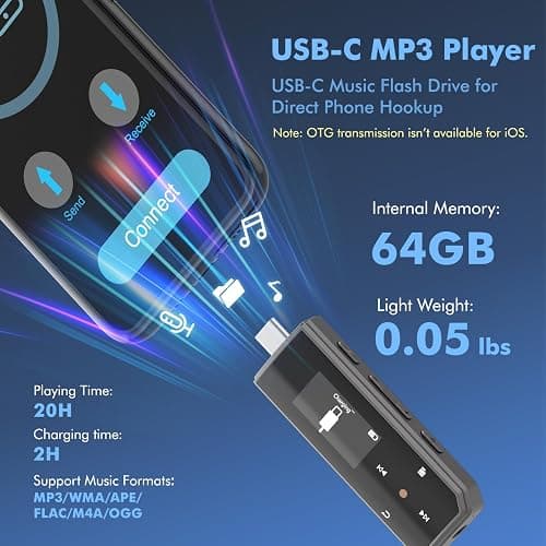 RUIZU 64GB Type-C USB MP3 Player with Bluetooth 5.3, Clip Portable Music Player with FM Radio, Voice Recorder, Pedometer for Sport, Digital Audio Shuffle A-B Repeat, Support Mobile Phone File Transfer thumbnail 3