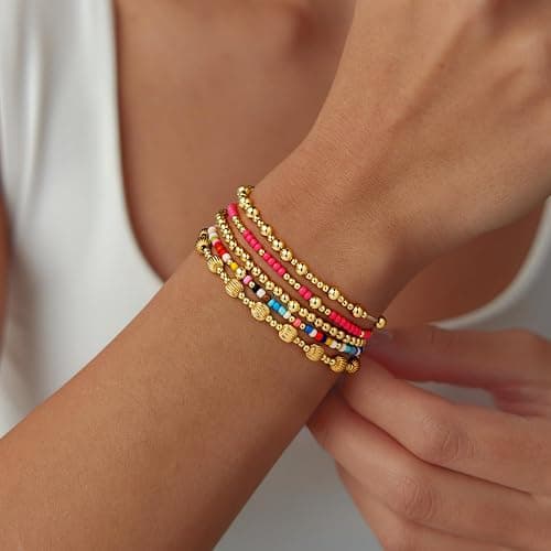 Turandoss 5PCS Gold Beaded Bracelets for Women Teen Girls, 14K Gold Plated | Stacked Beads Bracelet Set, Turquoise Cross Pearl Charm, Waterproof, 7 Inch Stretch Elastic, Bracelet for Women Teenage Girls thumbnail 2