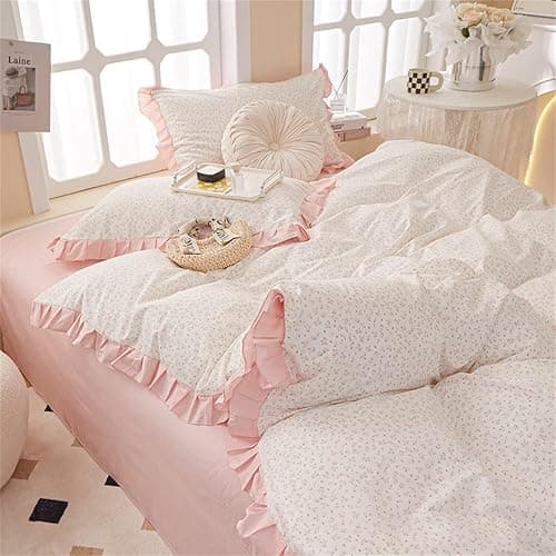 MKXI Full Size Small Floral Ruffle Comforter Set - 3 Piece Countryside Floral Comforter with Pillow Shams, Reversible White Pink Princess Bedroom Collection, Soft Aesthetic Bedding Set for Teen Girls thumbnail 7