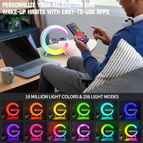 LeeNabao Smart LED Table Lamp, 4-in-1 Wireless Charger, Night Light, Alarm Clock, and Bluetooth Speaker with App Control for Bedroom, Office, and Home Decor (White) thumbnail 3