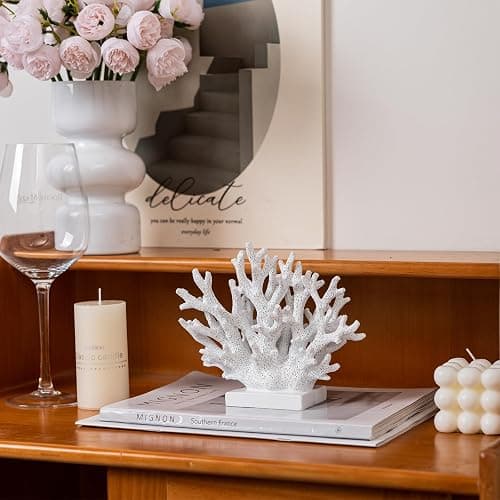 Elegondrar 5.8" H White Coral Decor, Resin Coral Statue, Nautical Decorations for Home, Bedroom, Bathroom, Living Room, Beach/Coastal/Ocean Themed Cabinet Shelf Tabletop Decor thumbnail 4
