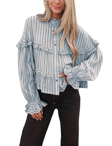 Tanming Womens Striped Button Down Shirts Ruffled Long Sleeve Stand Collar Shirt Dressy Casual Blouse Tops - Image 1