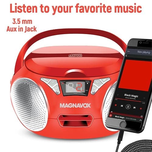 Magnavox MD6924 Portable Top Loading CD Boombox with AM/FM Stereo Radio in Black | CD-R/CD-RW Compatible | LED Display | AUX Port Supported | Programmable CD Player | (Red) thumbnail 5