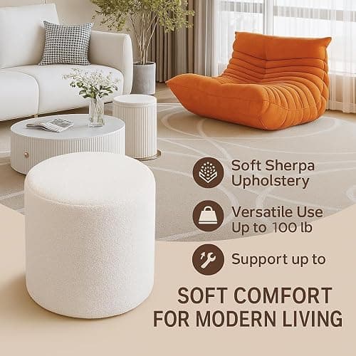 KKdema White Round Ottoman Foot Rest Stool – Clean Boucle Fabric Footstool with Soft Foam Filling, Lightweight Modern Pouf for Minimalist Living Room, Bedroom, Office – Pure White thumbnail 6